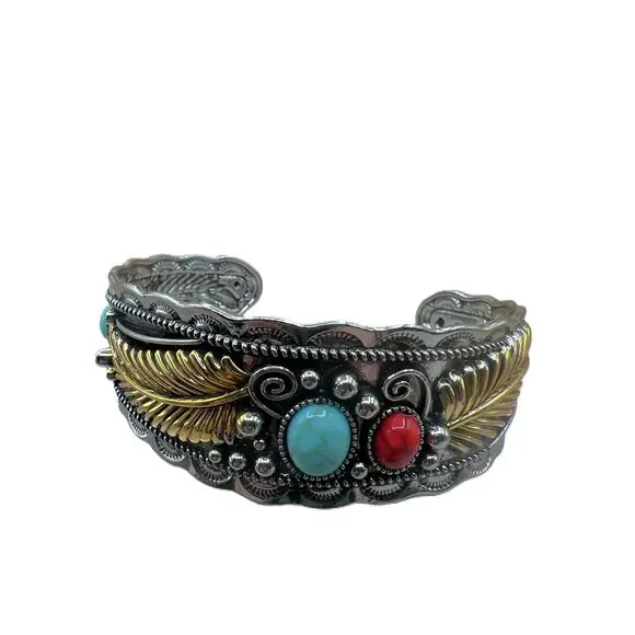 NEW Silver Gold Accents Faux Turquoise Stone Red Stone Boho Bracelet - Picture 2 of 11